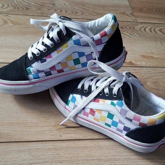 Vans old skool lace rainbow checker sneakers kids size 2 - Picture 2 of 6